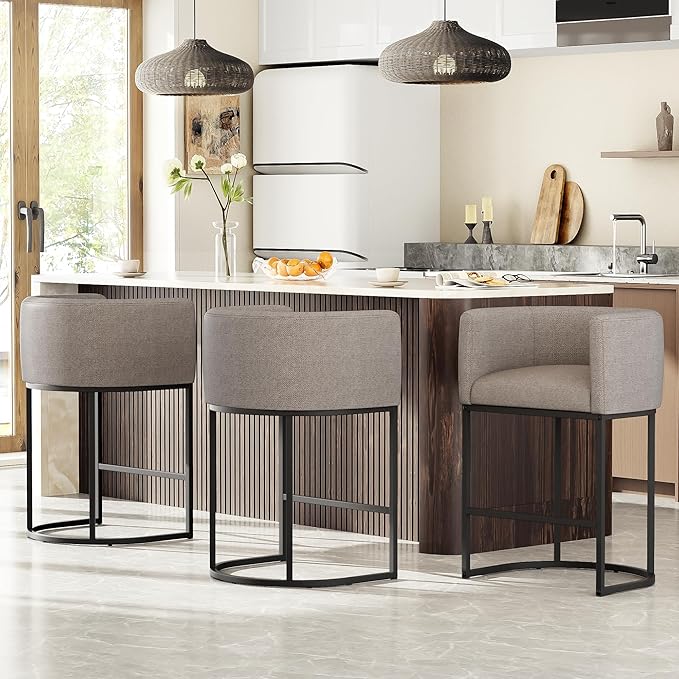 26" H Counter Height Bar Stools Set of 2, Modern Barrel Counter Stools with Backrest and Arms, Linen Fabric Upholstered Accent Barstools for Kitchen Island,Support 450 LBS (Sand)