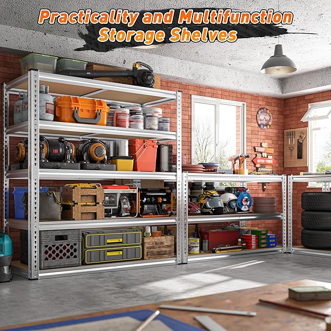 REIBII 2500LBS Garage Shelving 40" W Storage Shelves Adjustable Metal Shelving 5 Tier Pantry Shelves for Garage Closet Kitchen Basement 40" W x 19.7''D x 72''H, Silver