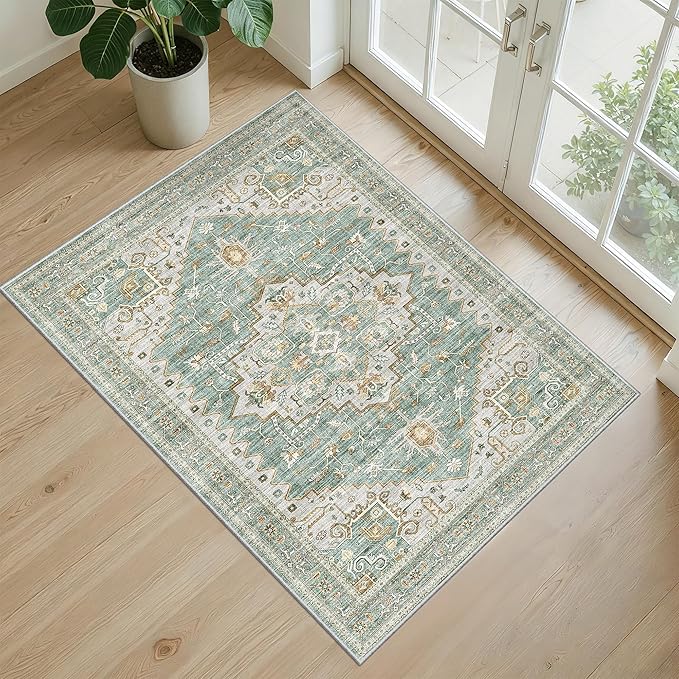 Floral Rugs for Entryway, 2X3 Washable Kitchen Rugs Non Slip Indoor Door Mat Stain Resistant Small Low-Pile Throw Carpet for Bathroom Bedroom(2x3,Green)