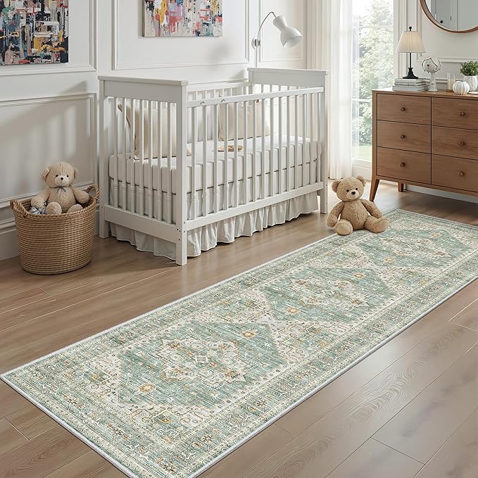 Runner Rug 2'x6' Washable Vintage Area Rugs for Hallway Non Slip Laundry Rug Runner Boho Floor Carpet Runners for Entryway Laundry Room Kitchen Bathroom (2'x6',Green)
