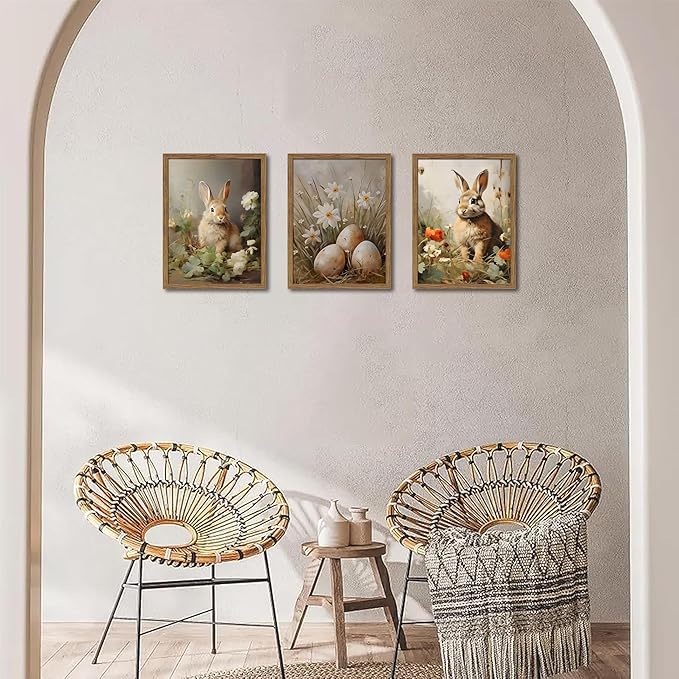 Vintage Easter Bunny Wall Art Set of 3, Spring Easter Rabbit Eggs Canvas Wall Decor Paintings, Rustic Farmhouse Animal Artwork Prints Pictures for Living Room Bedroom Bathroom 12x16 Inch Framed