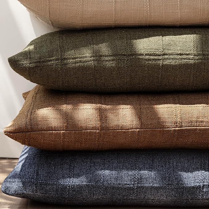 Foindtower Set of 2 Decorative Linen Check Throw Pillow Covers Neutral Farmhouse Vintage Cushion Covers Modern Boho Home Decor for Sofa Chair Couch Bedroom Living Room,24×24 Inch,Navy Blue