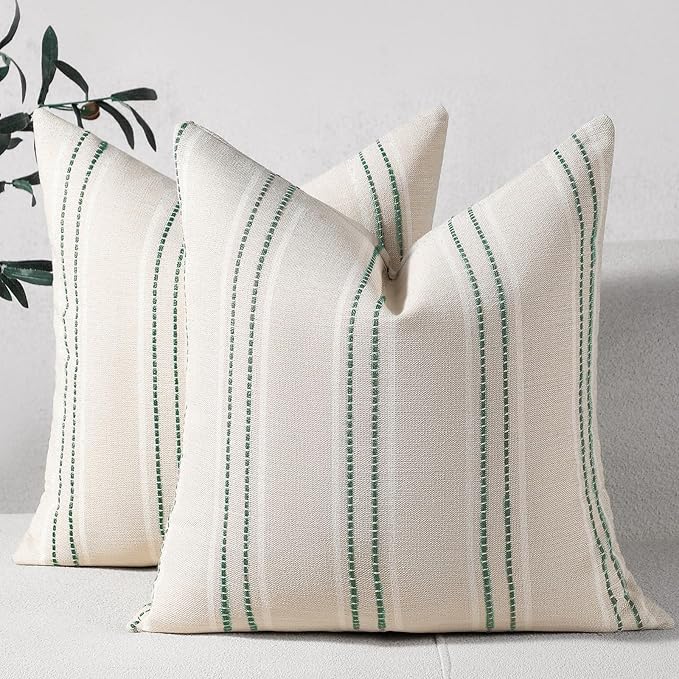 Hckot Spring Throw Pillow Covers 22x22 Set of 2 Green Pillow Covers Farmhouse Decorative Pillows Textured Linen Square Cushion Covers for Sofa Couch Bed Living Room Decor(Dark Green)