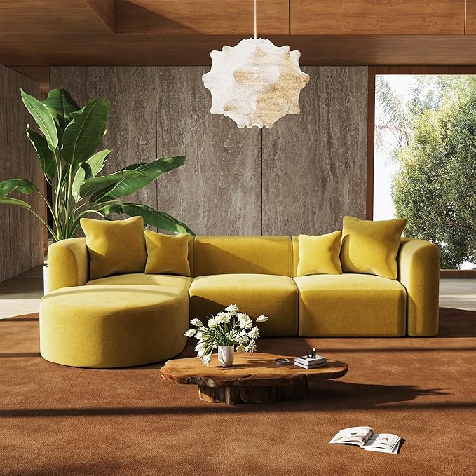 116" Modular Sectional Couches with Ottoman, Luxury Modern Curved Back Sofa, Minimalist Style Oversized 4 Seat Deep Comfy Convertible L Shape Boneless Couch for Living Room Studio Apartment, Yellow