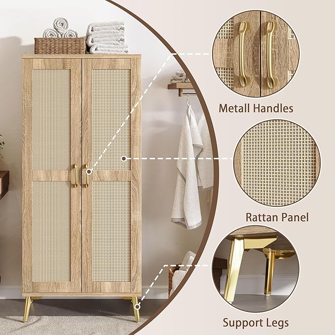 JASIWAY Tall Bathroom Storage Cabinet with Doors and Shelves, 57" Linen Floor Storage Cabinet for Laundry Entryway, Wood Freestanding Pantry with Metal Handle, Adjustable Shelves, Anti-Tipping Device