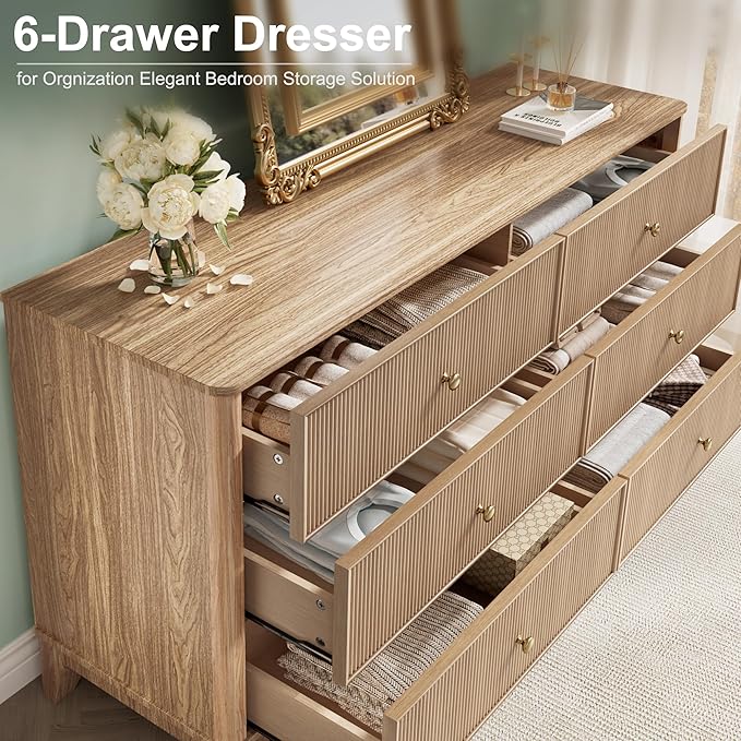 INNOD Fluted 6 Drawers Dresser, 54" Wide Modern Chest of Drawers with Round Corners, Wooden Dresser TV Stand, Wood Drawer Organizer for Bedroom, Living Room, Hallway