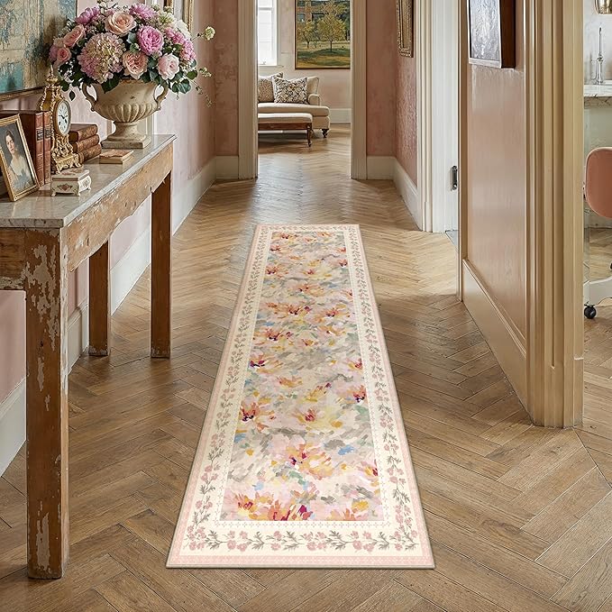 2x8 Washable Runner Rug Beige Pink Floral Abstract Hallway Kitchen Throw Rug Modern Non Slip Soft Low Pile Carpet for Bathroom Laundry Bedroom Living Room