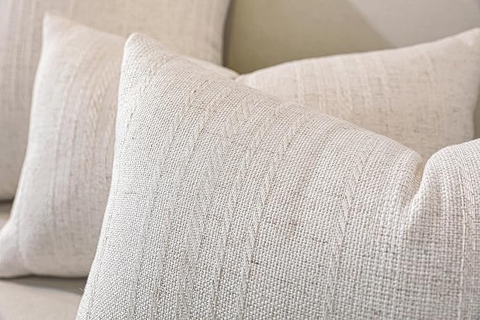 Decorative Neutral Striped Throw Pillow Covers Set of 2-22x22 Inch Boho Farmhouse Pillow Covers, Breathable & Soft Neutral Linen Blend Cushion Covers for Couch Sofa Bedroom Living Room