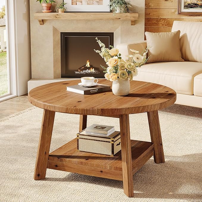 Solid Wood Round Coffee Table for Living Room, 31.5” Farmhouse Wooden 2-Tier Circle Center Cocktail Accent Table with Storage Shelf and Tapered Legs for Apartment, Small Space, Brown