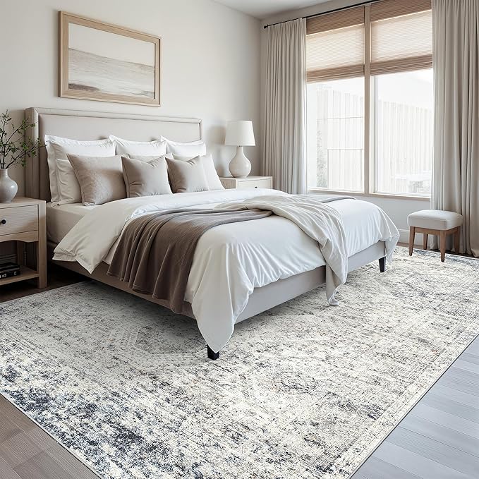 Soalmost 9x12 Area Rugs for Living Room, Non Slip Machine Washable Vintage Rugs, Low Pile Lightweight Large Rug for Bedroom, Dining Room, Home Office Blue/Ivory