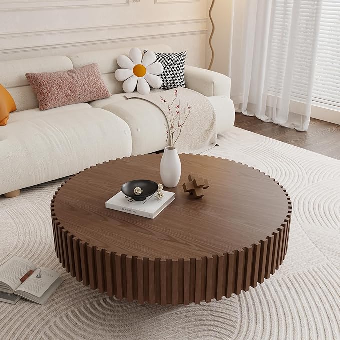 39.4" Walnut Round Coffee Table Wood, Modern Drum Fluted Coffee Table for Living Room, Contemporary Low Circle Center Table Side Table for Apartment, Farmhouse, Office, mesa de Cafe
