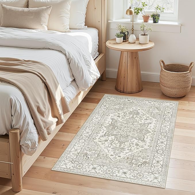 2x3 Entryway Area Rug - Neutral Washable Rugs for Dining Room Kitchen Rug Vintage Soft Floor Mat Non Slip Indoor Farmhouse Carpet for Bathroom Bedroom (Beige)