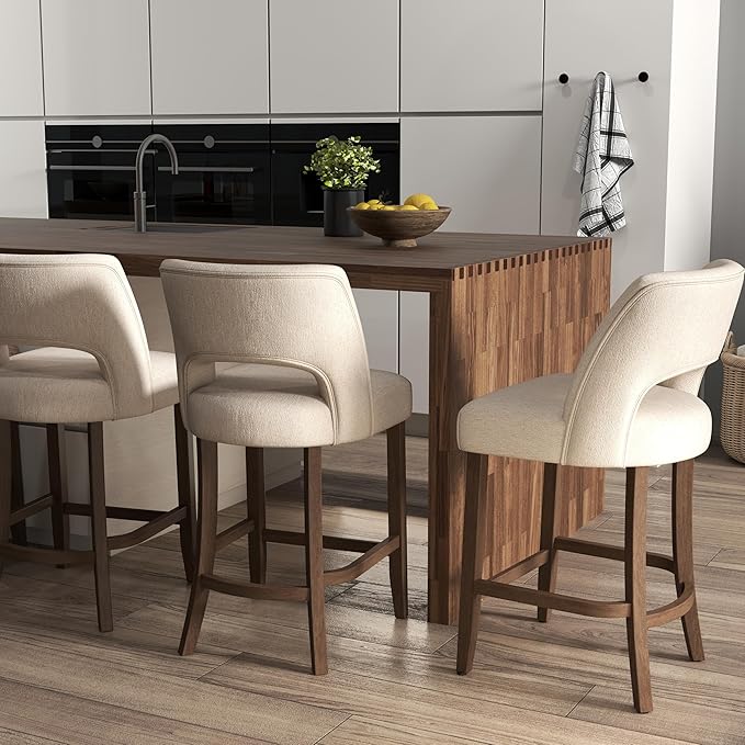 VKNOW Bar Stools Set of 6,Upholstered Counter Height Bar Stools,Modern Counter Stools with Wood Legs for Kitchen Island Dining Room Bar,White