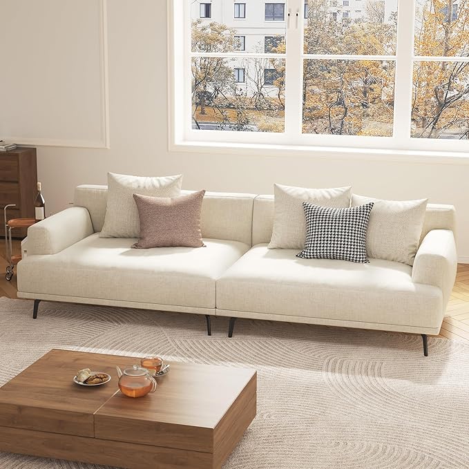 4-Seater Living Room Sofa - Modern Leisure Modular Sofa with Wooden Frame and Metal Legs, Soft Cotton-Linen Fabric, Easy to Install, Suitable for Office, Apartment, and Living Room, Grey, 110.2"