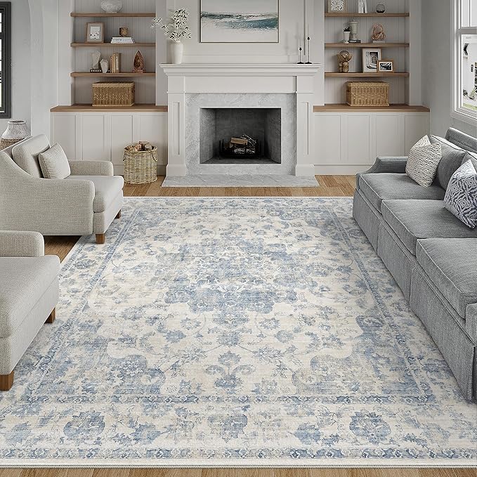 9x12 Neutral Area Rug Blue Vintage Living Room Bedroom Washable Carpet Non-Slip Soft Low Pile Farmhouse Indoor Large Throw Rug for Dining Room Office