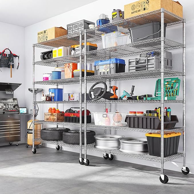 Romorgniz 82" H X45 W X18 D Storage Shelves with Wheels, 6 Tier Wire Shelving Adjustable Metal Shelving Pantry Shelves Capacity 1200LBS for Garage Shelving, Pantry, Kitchen, Commercial, Chrome，2P