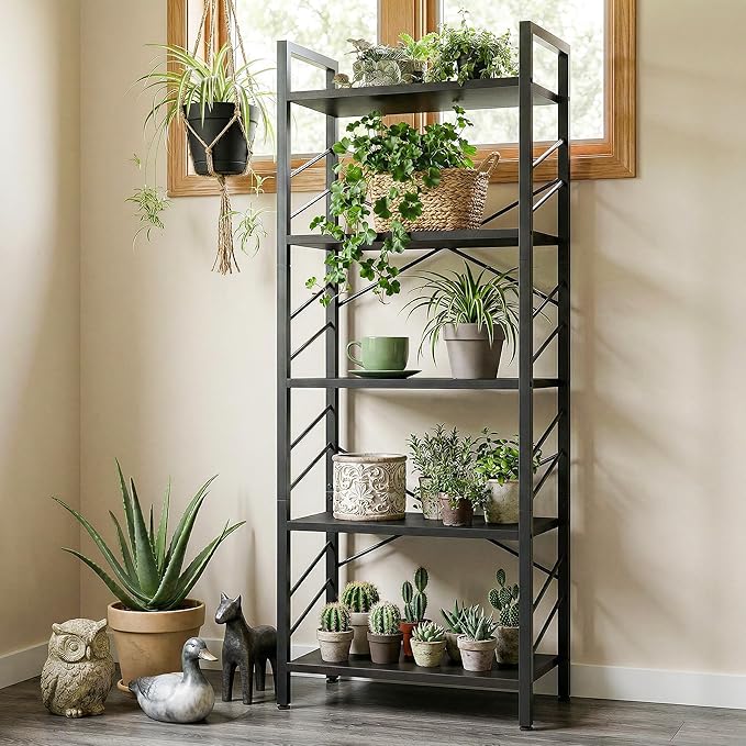 DurayLoly 5 Tier Bookshelf, Industrial Tall Bookcase, Modern Display Book Shelf with Metal Frame and Sidebars for Bedroom, Living Room and Home Office, Black