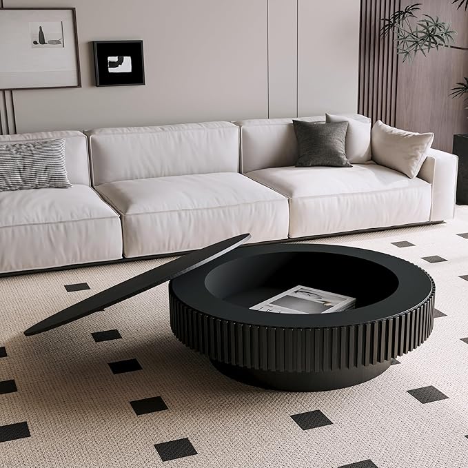 39.37" Round Coffee Table with Storage for Living Room Wood Coffee Table Contemporary Circle Center Table for Apartment, Easy Assembly, Black
