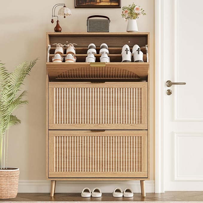 BORNOON Shoe Cabinet for Entryway with 3 Flip Drawers, Slim Wooden Shoe Storage Organizer with Modern Fluted Pannel，Freestanding Narrow Hidden Shoe Rack for Hallway, Foyer, Living Room