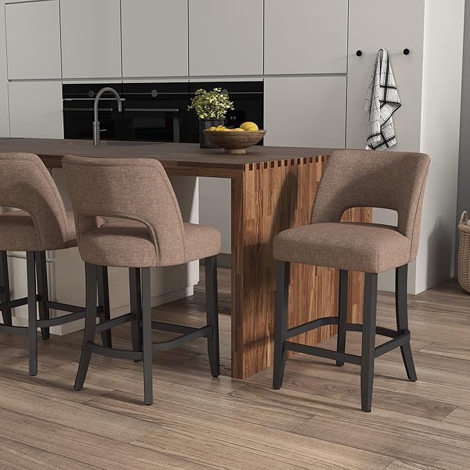 VKNOW Bar Stools Set of 6, 26" Upholstered Counter Height Bar Stools, Modern Counter Stools with Black Legs for Kitchen Island Dining Room Bar, Brown-Black Legs