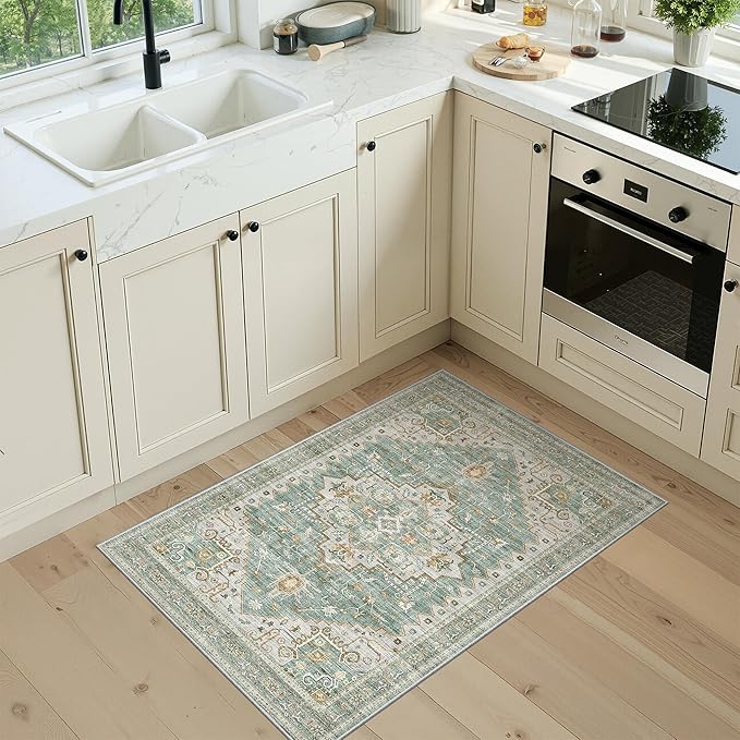 Floral Rugs for Entryway, 2X3 Washable Kitchen Rugs Non Slip Indoor Door Mat Stain Resistant Small Low-Pile Throw Carpet for Bathroom Bedroom(2x3,Green)