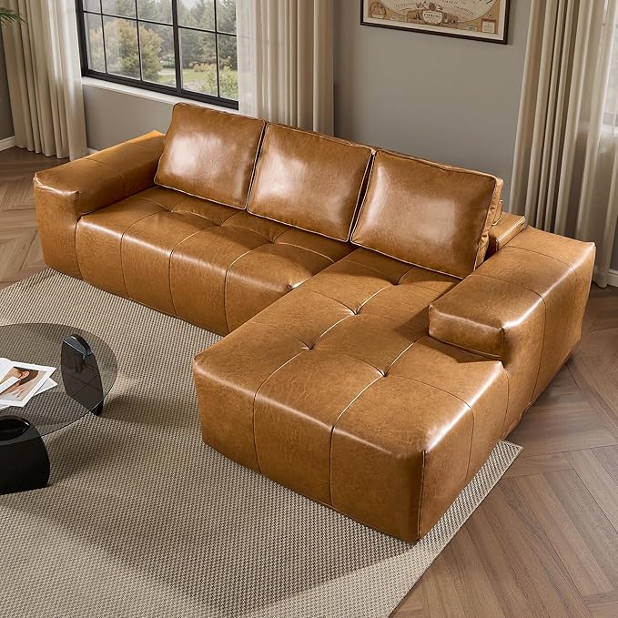 ovios 106" Cloud Boneless Couch with L-Shape Chaise,Modern Sectional Modular Sofa with Deep Seat, Upholstered Couches for Living Room Bedroom,No Assembly Required, Brown