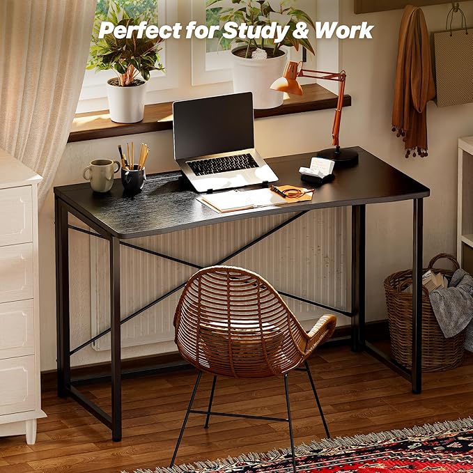 Huuger Folding Desk for Small Spaces, 39.3 Inch Foldable Computer Table, for Home Office, Study, Bedroom, Dorm, Space Saving, Small Writing Work Office Computer Desk, Easy to Fold, Black