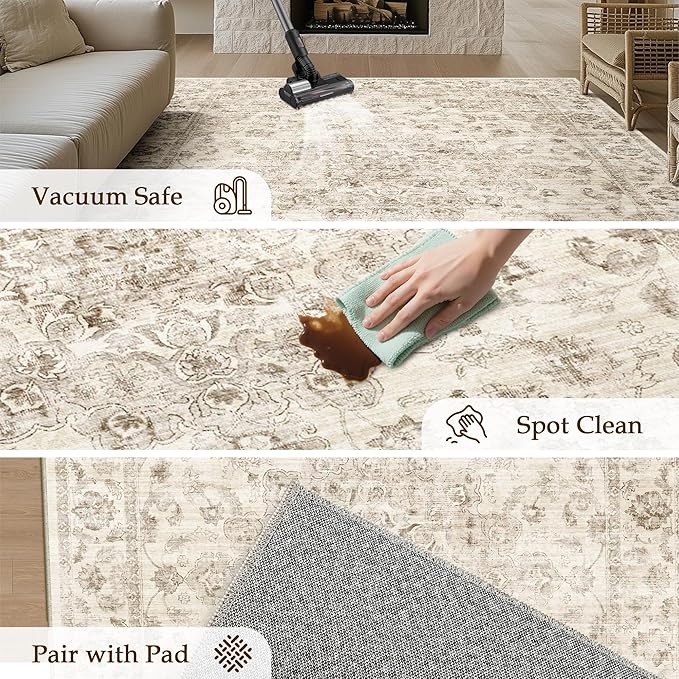 6x9 Washable Neutral Area Rug Beige Vintage Living Room Bedroom Carpet Non-Slip Soft Medium Pile Floral Indoor Throw Rug for Dining Room Entryway Office