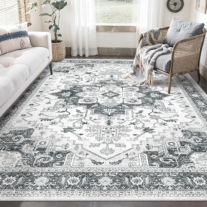 Washable 6x9 Area Rug,Vintage Floral Area Rugs with Non Slip Backing Stain Resistant Grey Carpet for Bedroom Dining Room Indoor Soft Carpets Home Decor(6x9,Grey)