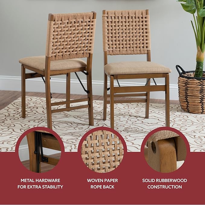 Linon Bennett Natural Folding Chair with Woven Rope Back and Linen Upholstered Seat Set of 2