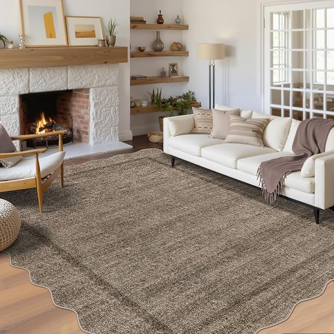 GarveeHome Scalloped Washable Area Rugs 8x10 Rugs for Living Room Modern Bedroom Rug Large Area Rug Non Slip Throw Rugs Soft Low Pile Stain Resistant Carpet for Classroom Dining Room 8 ft x10 ft Taupe