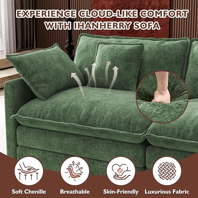 Ihanherry 114" V-Shaped Modern Sofa Modular Sectional Cloud Couch with 2 Ottoman, 7-Seat Chenille Deep Seat Sofa with Corner Section for Living Room, Bedroom and Apartment, Green