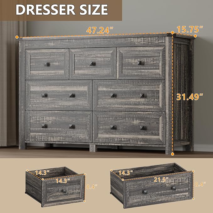 BORNOON 7-Drawer Dresser, Modern Wooden Storage Chest of Drawers, Dresser TV Stand, Wood Drawer Organizer with Metal Handles for Bedroom, Living Room, Hallway