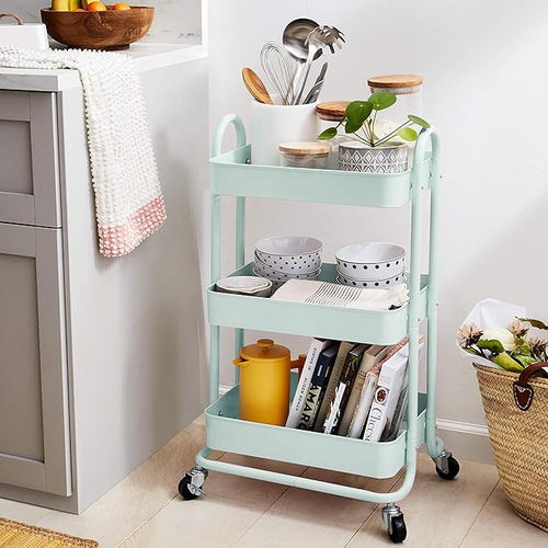 Amazon Basics 3-Tier Metal Rolling Utility Cart, Storage Organizer, Multi-Functional Kitchen Island Cart, Portable Shelving Unit with Caster Wheels, Mint Green