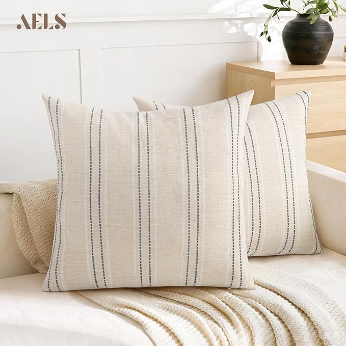 AELS 22x22 Decorative Farmhouse Linen Blend Throw Pillow Covers, Boho Textured Pillow Case, Set of 2, Beige with White & Gray Stitch Yarn Dyed Stripe Cushion Cover for Sofa Living Room (Cover ON