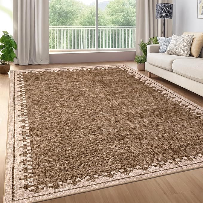 GarveeHome Neutral Bedroom Area Rugs 4x6 Washable Living Room Rugs Non Slip Stain Resistant Modern Border Throw Carpet Cross Pattern Geometric Boho Indoor Rugs for Dining Room Nursery Dorm, Brown
