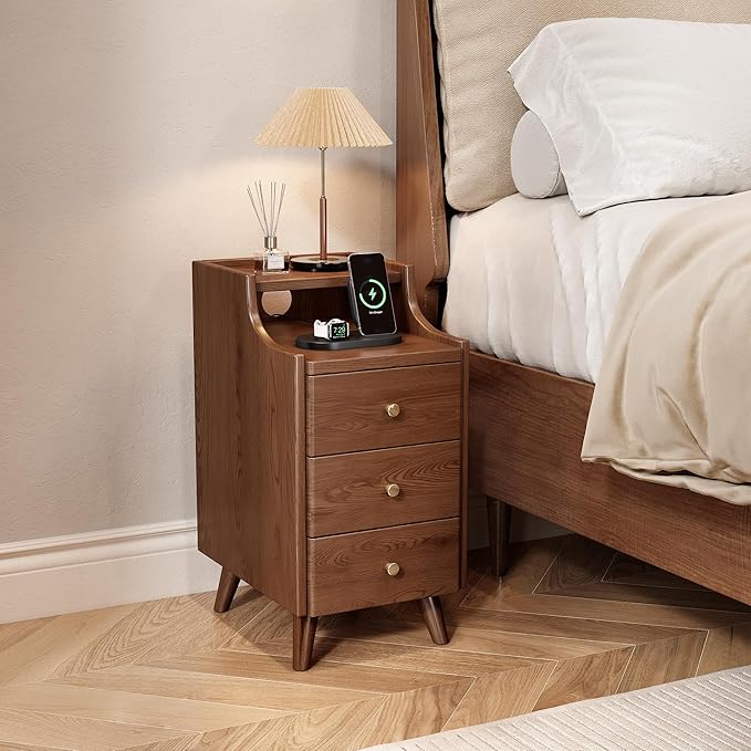 Narrow Nightstand with Drawers, 11.8" Solid Wood Nightstand with Open Shelf & Cable Hole, Modern Night Stand Slim Bedside Table for Small Spaces, Bedroom, Living Room, Study