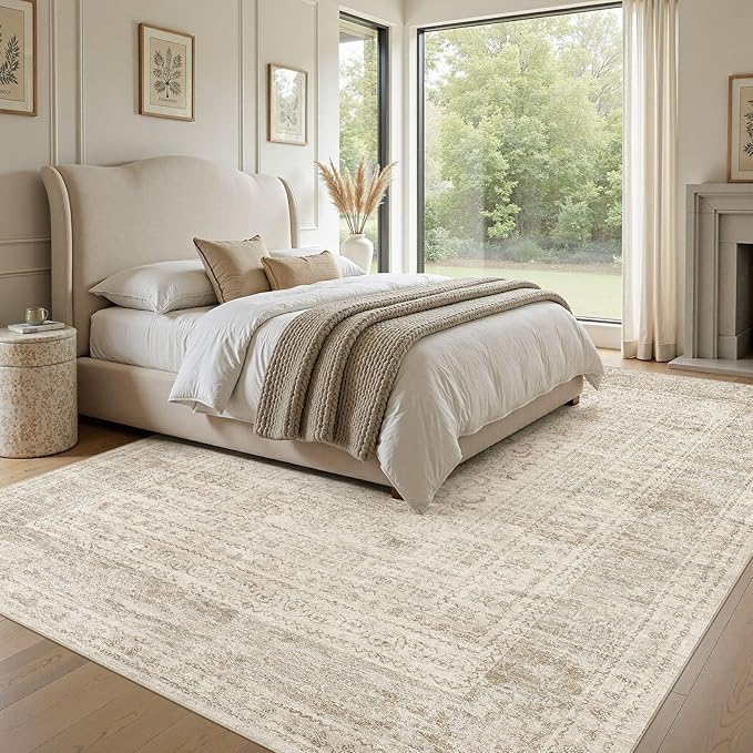 10x12 Area Rug Living Room: Washable Large Vintage Grey Rug Neutral Non-Slip Soft Stain Resistant Indoor Carpet for Bedroom Nursery Dining Room Under Table Bed Home House Office Playroom - Beige Grey
