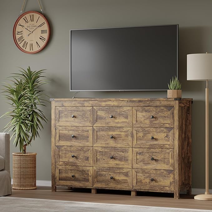 BORNOON 12-Drawer Dresser, Modern Wooden Storage Chest of Drawers, Dresser TV Stand, Wood Drawer Organizer with Metal Handles for Bedroom, Living Room, Hallway