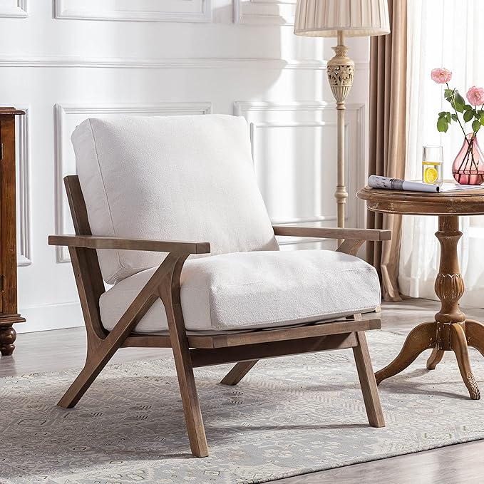 chairus Mid-Century Modern White Linen Accent Chairs Set of 2, Comfy Upholstered Lounge Armchairs with Removable Cushions & Solid Wood Frame, Fabric Reading Chairs for Living Room Bedroom Office