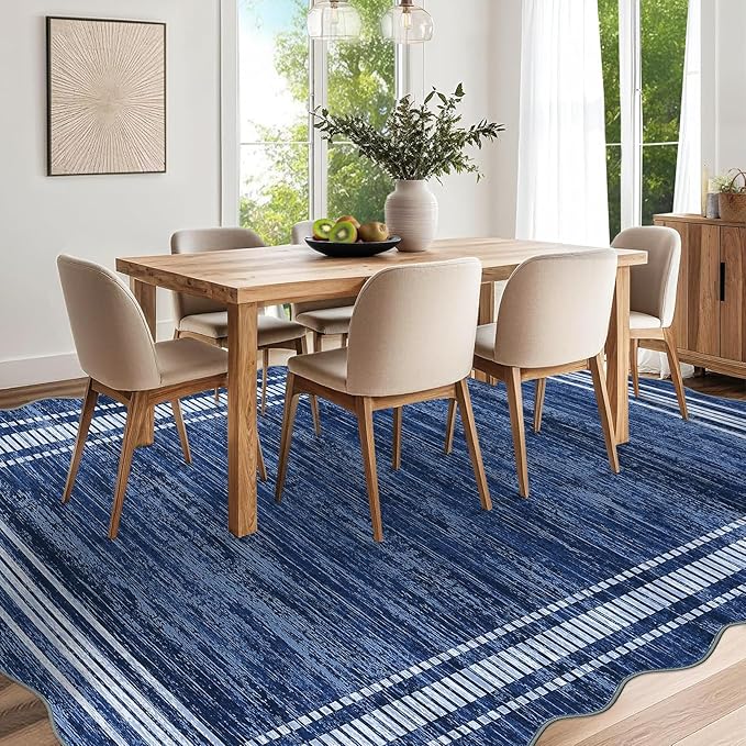 Garvee Scalloped Modern Abstract Area Rug 9x12 Large Washable Rug for Living Room, Non-Slip Soft Carpet for Bedroom, Scalloped Low-Pile Solid Print Rug for Dining Room Home Office, Navy Blue