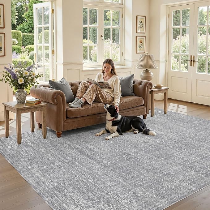10x14 Area Rugs Living Room: Washable Large Vintage Grey Rug Neutral Non-Slip Soft Stain Resistant Indoor Carpet for Bedroom Nursery Dining Room Under Table Bed Home House Office Playroom