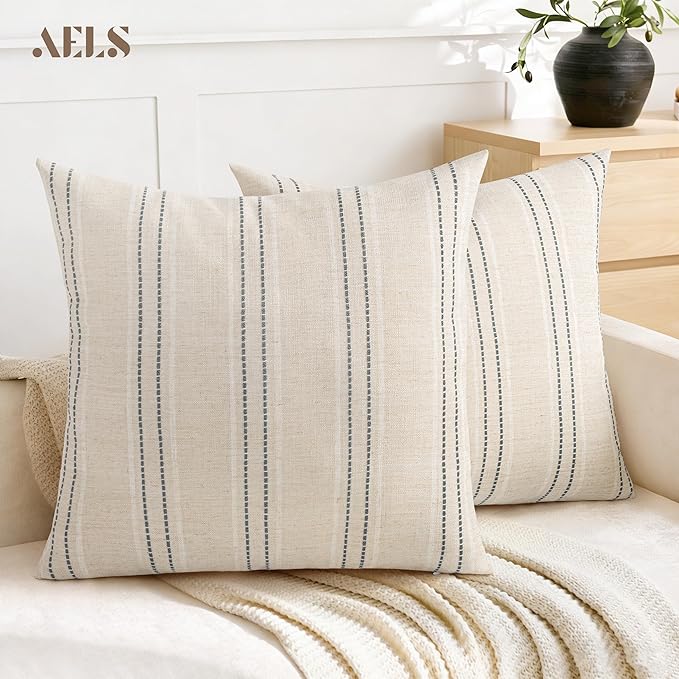 AELS 26x26 Decorative Farmhouse Linen Throw Pillow Covers, Boho Textured Pillow Case, Set of 2, Beige with White & Gray Stitch Yarn Dyed Stripe Cushion Cover for Sofa Couch Living Room (Cover ONLY)
