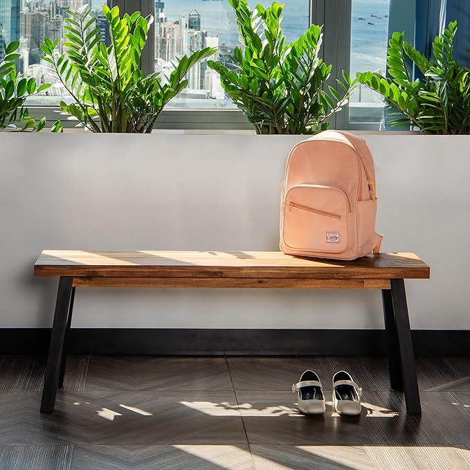 VICTORY RELAX Solid Wood Bench - Minimalist Design, Acacia Wood Construction, Natural top-Black Leg Color, Versatile for Entryway,Living Room,Bedroom & Outdoors,Easy Assembly & Weather-Resistant