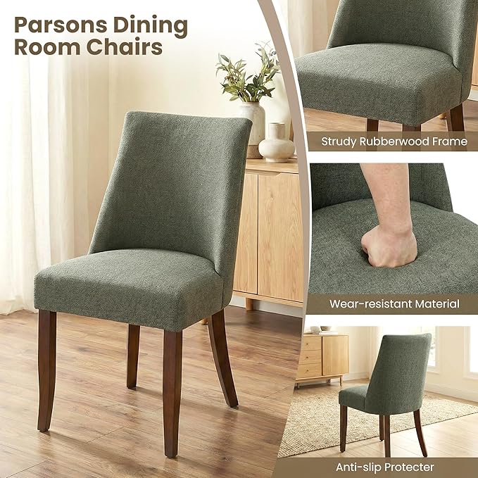 Wooden Dining Chairs Set of 4, Upholstered Farmhouse Fabric Dining Room Chair, Mid Century Kitchen Chair for Restaurant & Cafe, Green