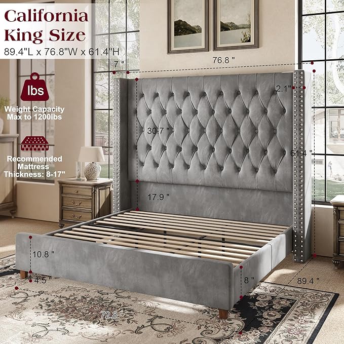 PaPaJet California King Size Bed Frame with 61.4" Tall Wingback Design Headboard, Velvet Upholstered Platform, Handmade Deep Button Tufting, Solid Wood Legs, No Box Spring Needed, Grey