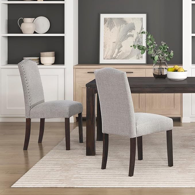 Lexicon Upholstered Dining Chairs Set of 2 - Soft Durable Fabric Armless Arched Back Kitchen Modern Dining Room Chairs for 2, Nailhead Trim Side, Brown Sturdy Wooden Frame, Easy Assembly, Taupe