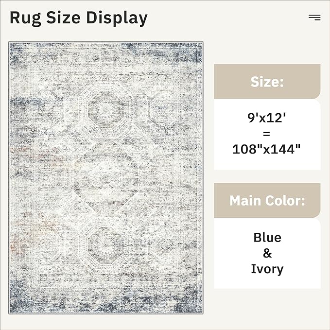 Soalmost 9x12 Area Rugs for Living Room, Non Slip Machine Washable Vintage Rugs, Low Pile Lightweight Large Rug for Bedroom, Dining Room, Home Office Blue/Ivory