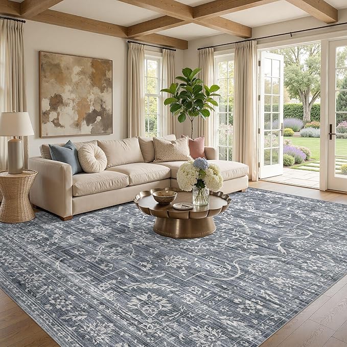 8x10 Area Rug Living Room: Washable Large Vintage Grey Rug Neutral Non-Slip Soft Stain Resistant Indoor Carpet for Bedroom Nursery Dining Room Under Table Bed Home House Office Playroom - Retro Blue