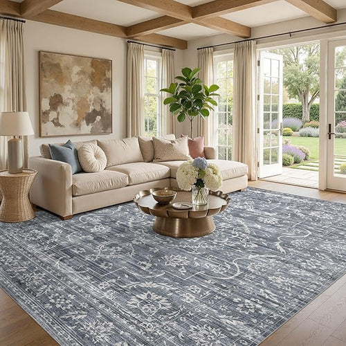 7x9 Area Rug Living Room: Washable Large Vintage Grey Rug Neutral Non-Slip Soft Stain Resistant Indoor Carpet for Bedroom Nursery Dining Room Under Table Bed Home House Office Playroom - Retro Blue